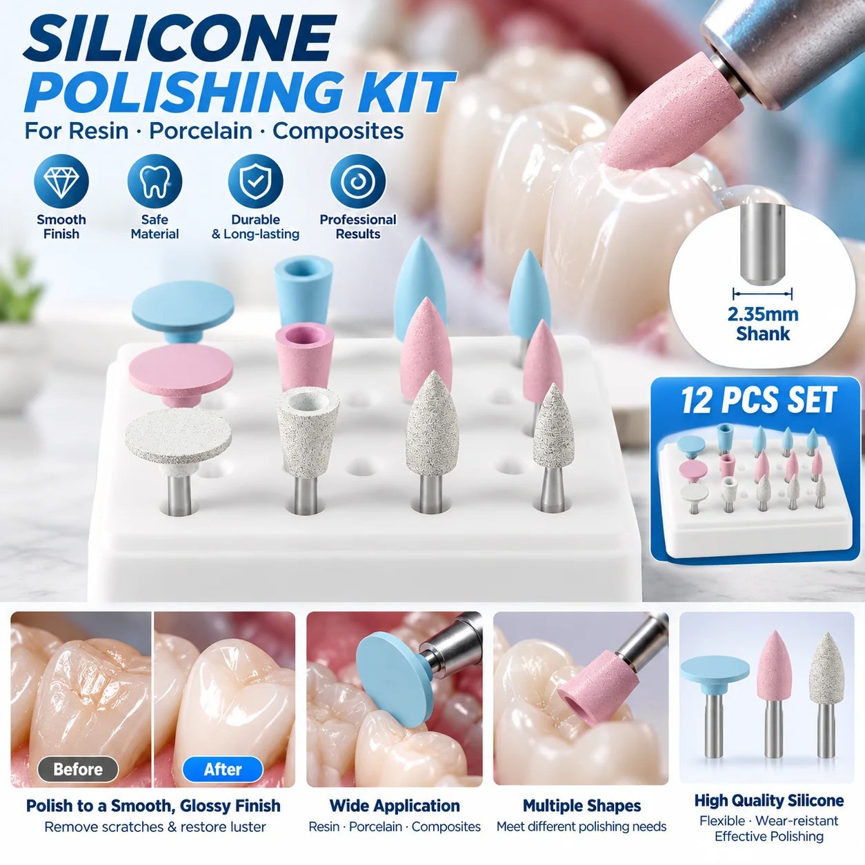 Kit di lucidatura in silicone da 12 pezzi/scatola, RA 2,35 mm per lucidare resine, porcellane e compositi con manipolo a bassa velocità, strumento da laboratorio
