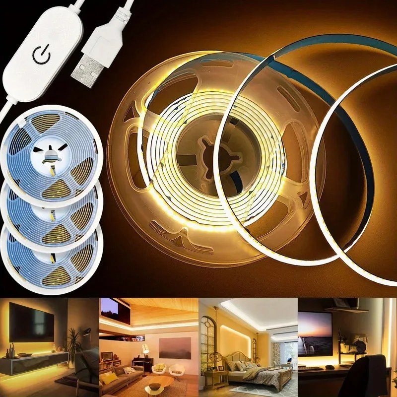 Striscia LED USB 5V COB con Controllo Touch Dimmerabile, Lampada ad Alta Densità RA90, Luci Flessibili a Nastro 320LED/m per Decorazione Casa e Mobili