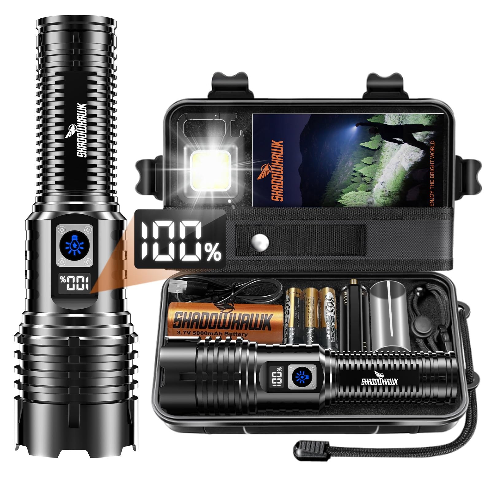 Shadowhawk Torcia LED Potente Professionale Ricaricabile 1000000 Lumens | USB Ricaricabile, XHM77.2, IP67, 5 Modi,Zoom, Torcia Tattica Militare, Alta Potenza, per Campeggio, Trekk…