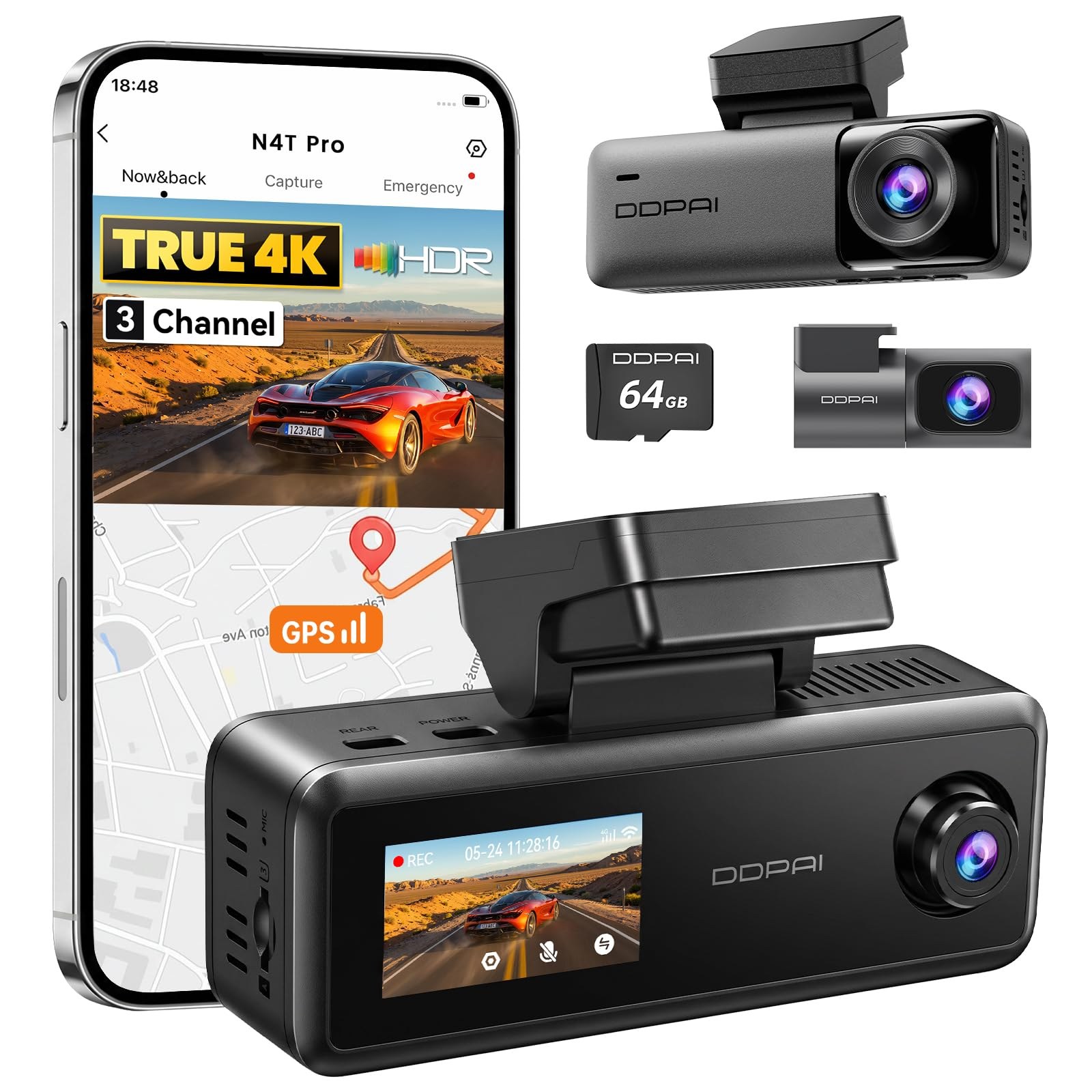 DDPAI N4T Pro 4K Dashcam Auto 3 Canali (4K+1080P+1080P）con HDR, Visione Notturna IR, Monitoraggio Parcheggio 24 H, GPS Integrato, Sensore G, Wi-Fi 6, Supercondensatore con SD 64GB…