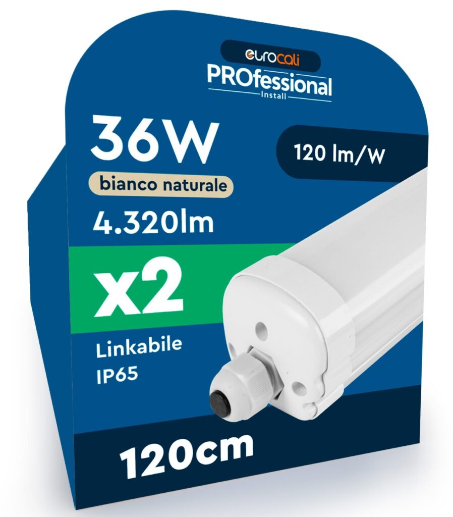 Eurocali 2 Plafoniere LED Impermeabili 36W 120CM 4320 Lumen Waterproof IP65 | Tubo Plafoniera Lineare LED SMD Luce Naturale 4000K per Box Garage Magazzino e Ufficio con Alta Lumin…