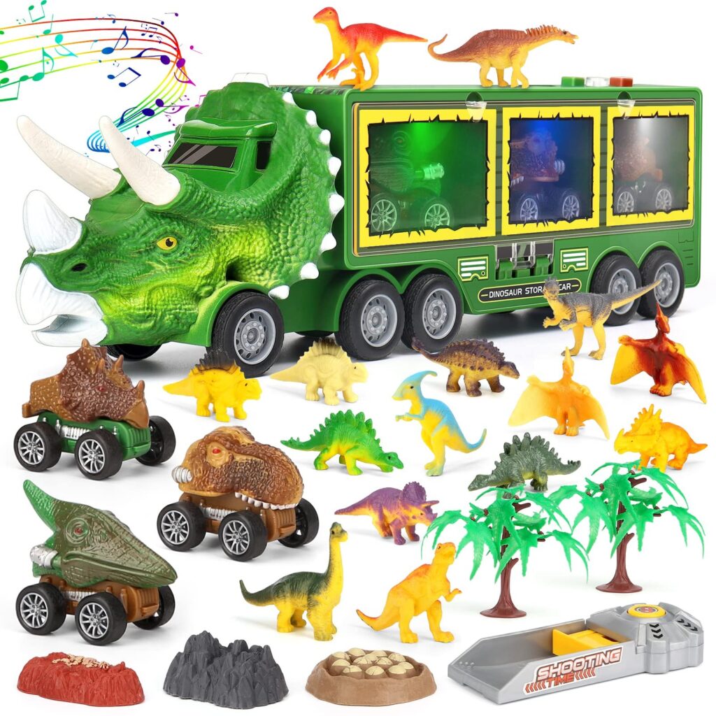 Aoskie 23 Pcs Dinosauri Giocattolo, Dinosauri per Bambini con Luci e Suoni | Giochi Bambino 3 Anni, 12 Figurine Dinosauro, Camion con Macchinine Dentro, Gioco Dinosauri, Tricerato…