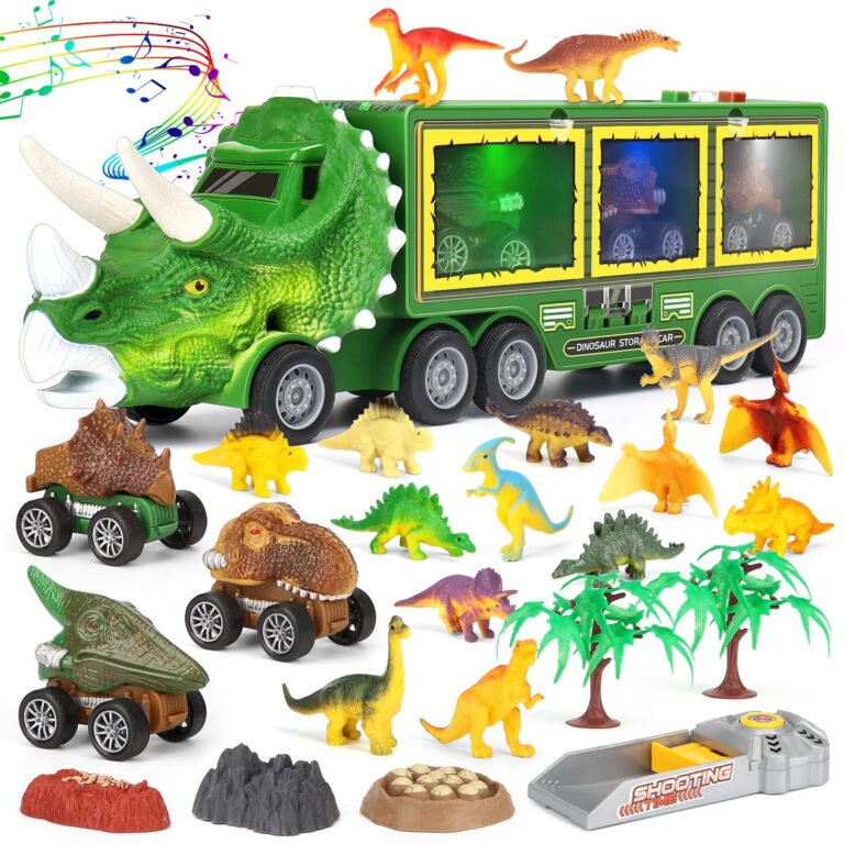 Aoskie 23 Pcs Dinosauri Giocattolo, Dinosauri per Bambini con Luci e Suoni | Giochi Bambino 3 Anni, 12 Figurine Dinosauro, Camion con Macchinine Dentro, Gioco Dinosauri, Tricerato…