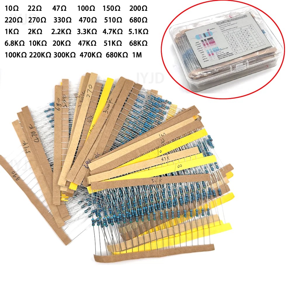 Kit Assortito di 300/600 Pezzi, 30 Tipi di Resistenze a Film Metallico 1% da 1/4W, 1K 10K 100K 220ohm 1M