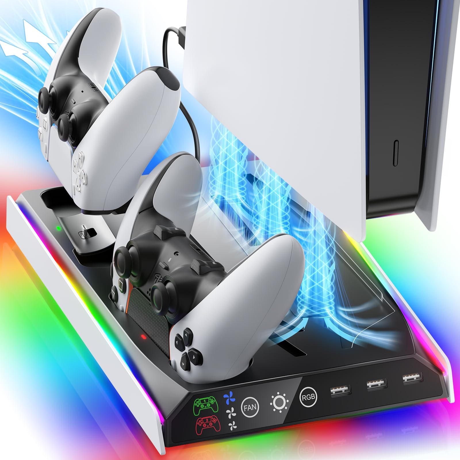 Fenolical Supporto PS5/Slim/Pro con Ventola di Raffreddamento Regolabile, Supporto Verticale per Caricabatterie PS5/Slim/Pro, Stazione di Raffreddamento Multifunzionale PS5 Slim c…
