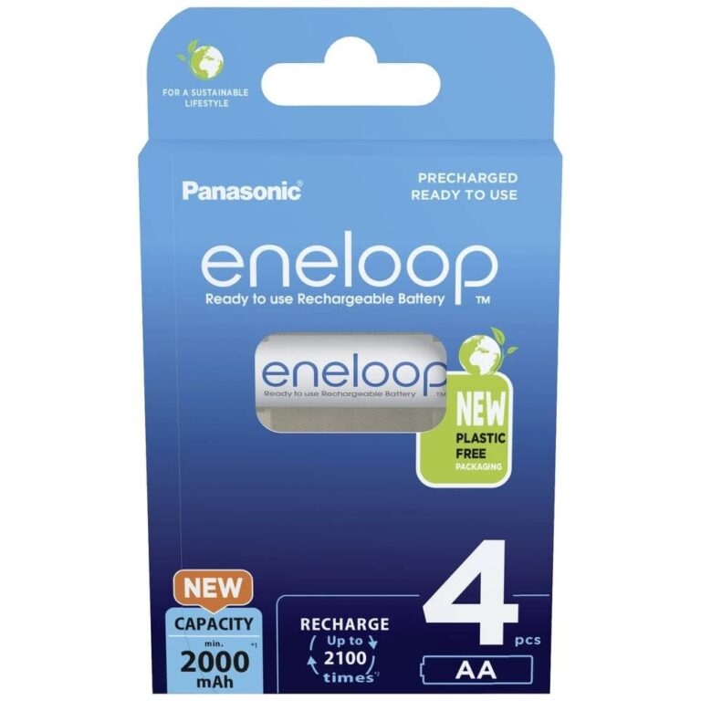 eneloop - Batterie Ricaricabili AA (Confezione da 4) - 2000 mAh NiMH | Batterie Ni-MH pronte all'uso 2000 cicli di ricarica, imballaggio senza plastica