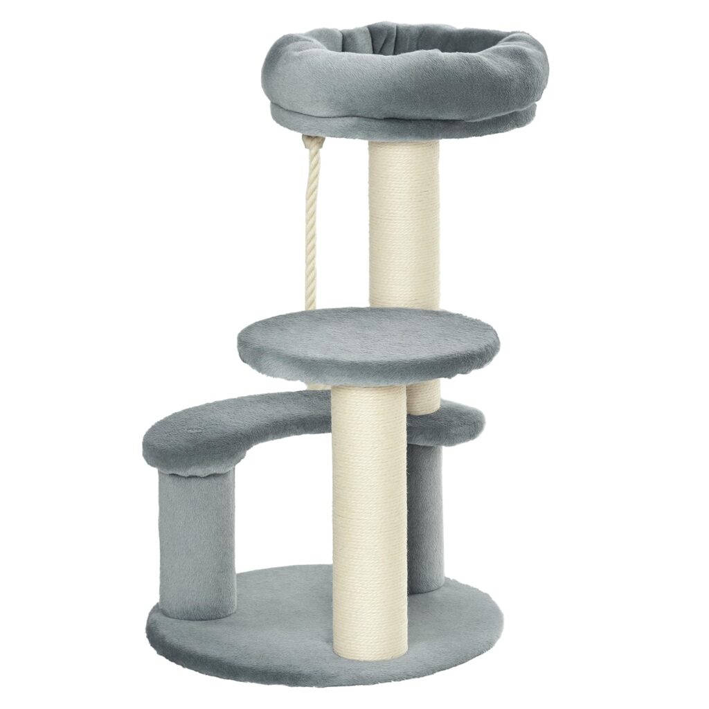 PawHut Albero Tiragraffi Gatti a 3 Livelli in Peluche Sisal Naturale Grigio Ф40x65cm