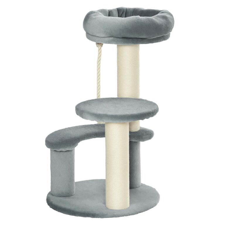 PawHut Albero Tiragraffi Gatti a 3 Livelli in Peluche Sisal Naturale Grigio Ф40x65cm