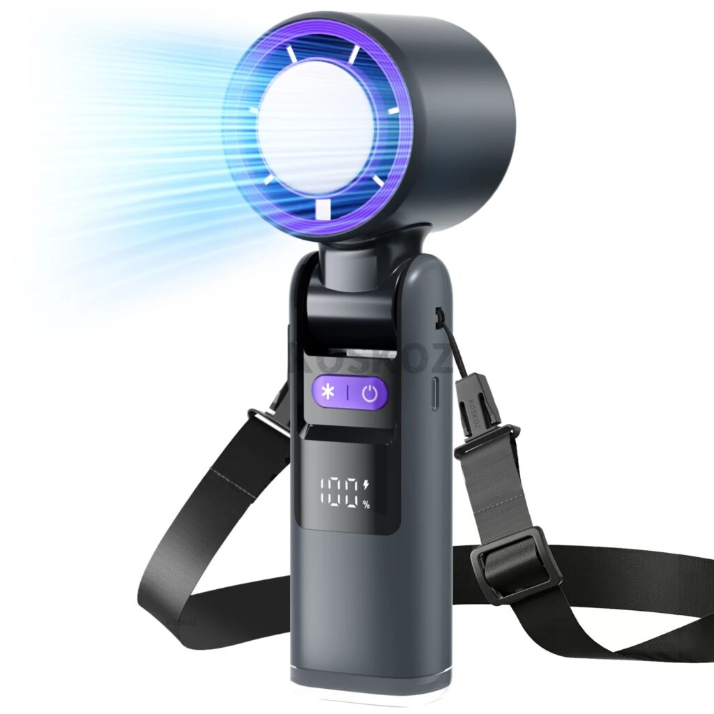 Ventilatore Portatile Turbo - 5 Velocità, Alta Velocità, 4000mAh Ricaricabile, Mini Ventilatore Personale con Torcia e Funzione di Raffreddamento, da Viaggio