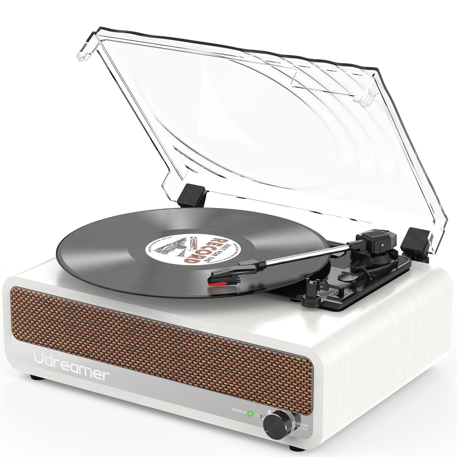 Udreamer Giradischi con Altoparlante Bluetooth Supporto USB AUX-in Cuffie RCA Line-Out 3 Velocità Cinghia Auto-Stop Design Specchio Arancione Bianco