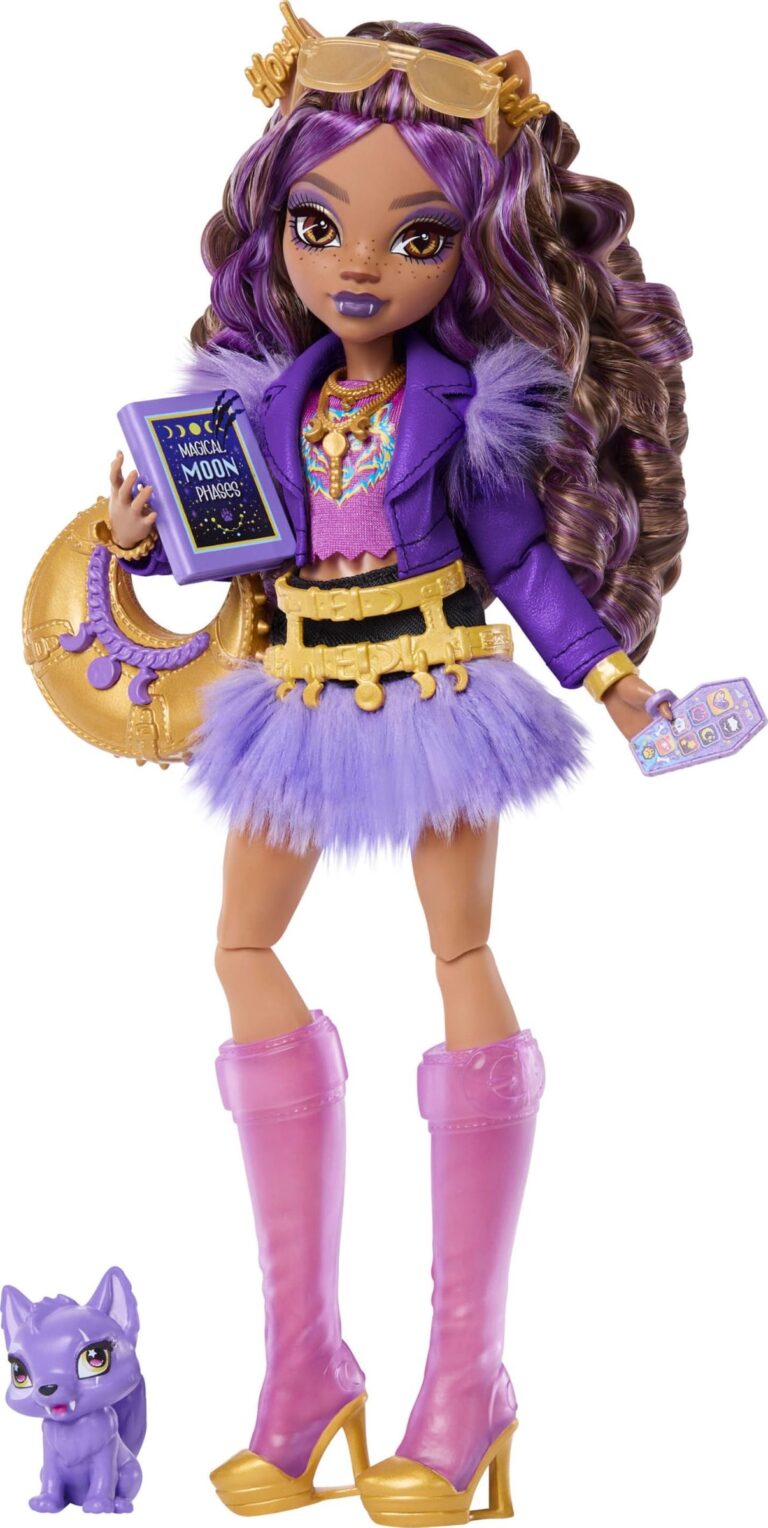Monster High Clawdeen Wolf Bambola con Cucciolo di Lupo | Giubbotto Moto Lupo mannaro in Viola e Gonna Pelosa con Mezzaluna Animale e 7 Accessori come Libro, Croissant e Borsa