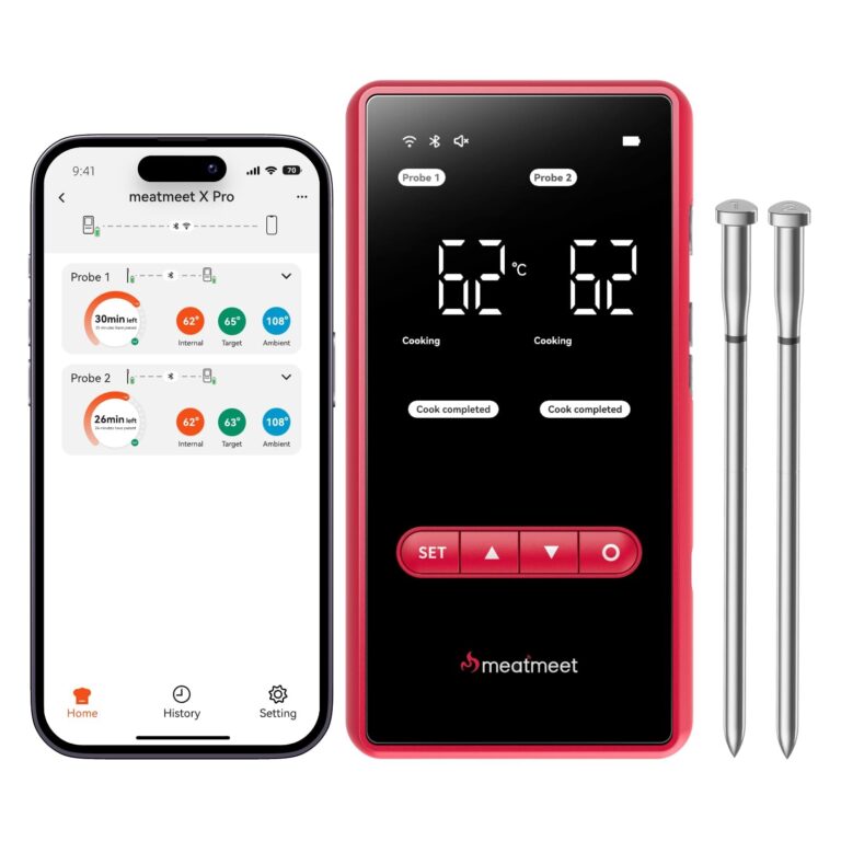 X Pro Termometro da Carne Cucina con Wi-Fi e Bluetooth, 2 Sonde 6 Sensori | Precisione ±0,1°C, Impermeabile IP69​, Resistenza a 595°C, App e Base Intelligente, Ideale per BBQ, Gri…