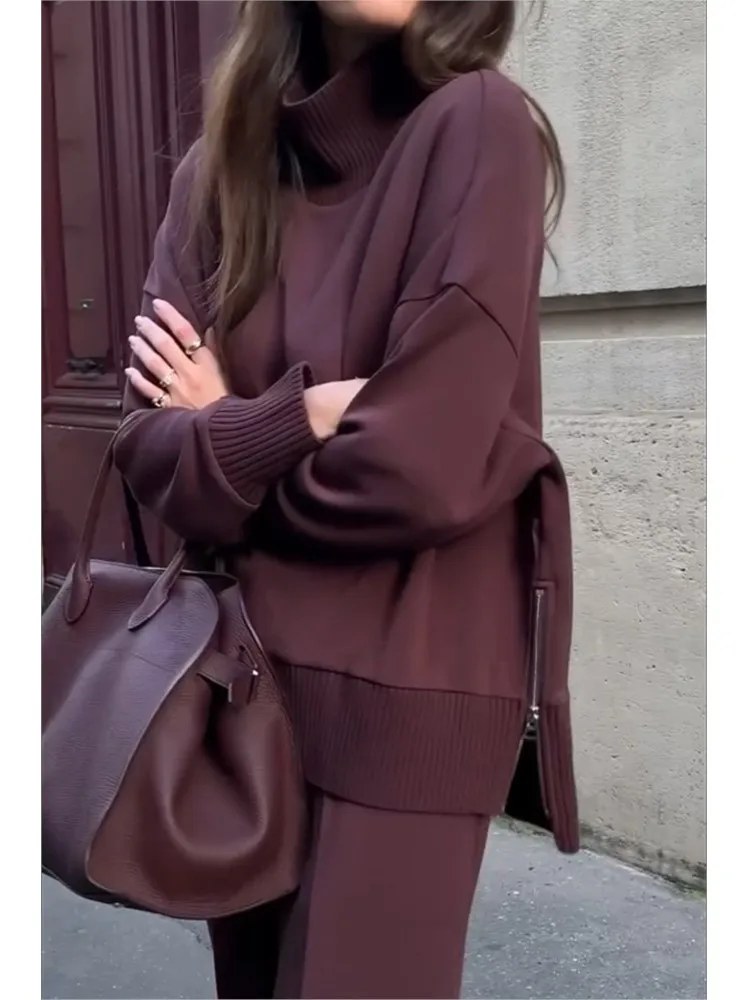 Donna Autunno 2 Pezzi Set Casual Semplice Solido Manica Lunga Dolcevita Pullover Top Allentato Gambe Larghe Pantaloni Set 2026 Lady Outfit