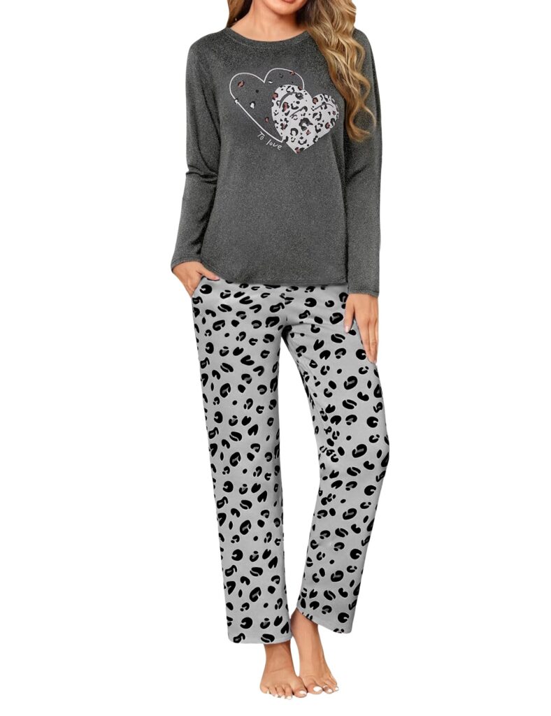 Uniexcosm Pigiama Donna Lungo, Donna Pigiama Due Pezzi Maniche Lunghe+Pantaloni con Tasca e Coulisse Regolabile Set Pigiama Donna Cotone Sleepwear Nightwear per Autunno Inverno
