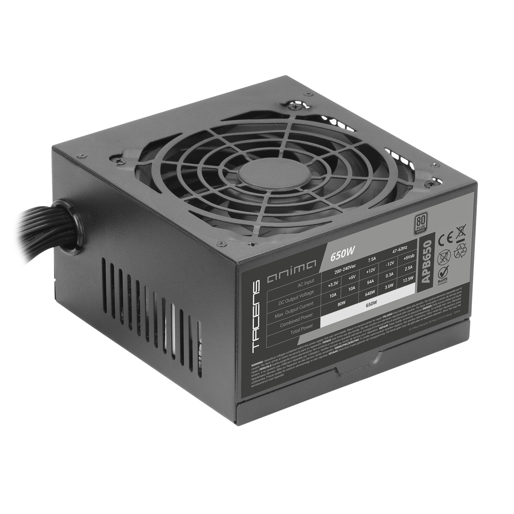 Tacens Anima APB650, Alimentatore PC ATX 650W, Certificazione 80Plus Bronze, 85% di Efficienza, Tecnologie SMD e DC-DC, Ventola Ultra-silenziosa 12cm, Cavi Piatta Extra-lunghi, Ne…