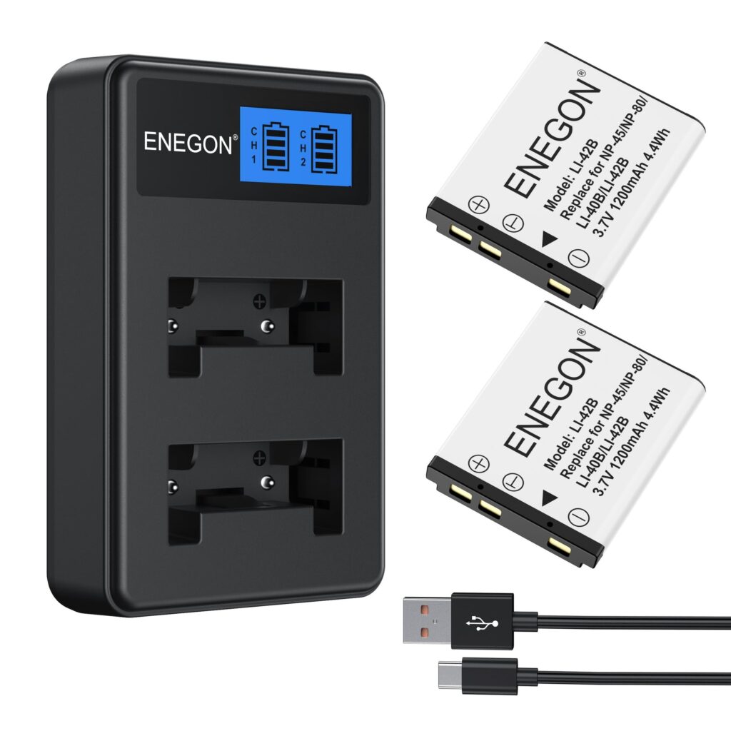 ENEGON NP-45 NP-45A NP-45B NP-45S Batteria(2 x1200mAh) e kit di carica Compatibile con Olympus Li-40B Li-42B Nikon EN-EL10 Fujifilm INSTAX Mini 90 Fuji FinePix XP20 XP80 XP120 T35…