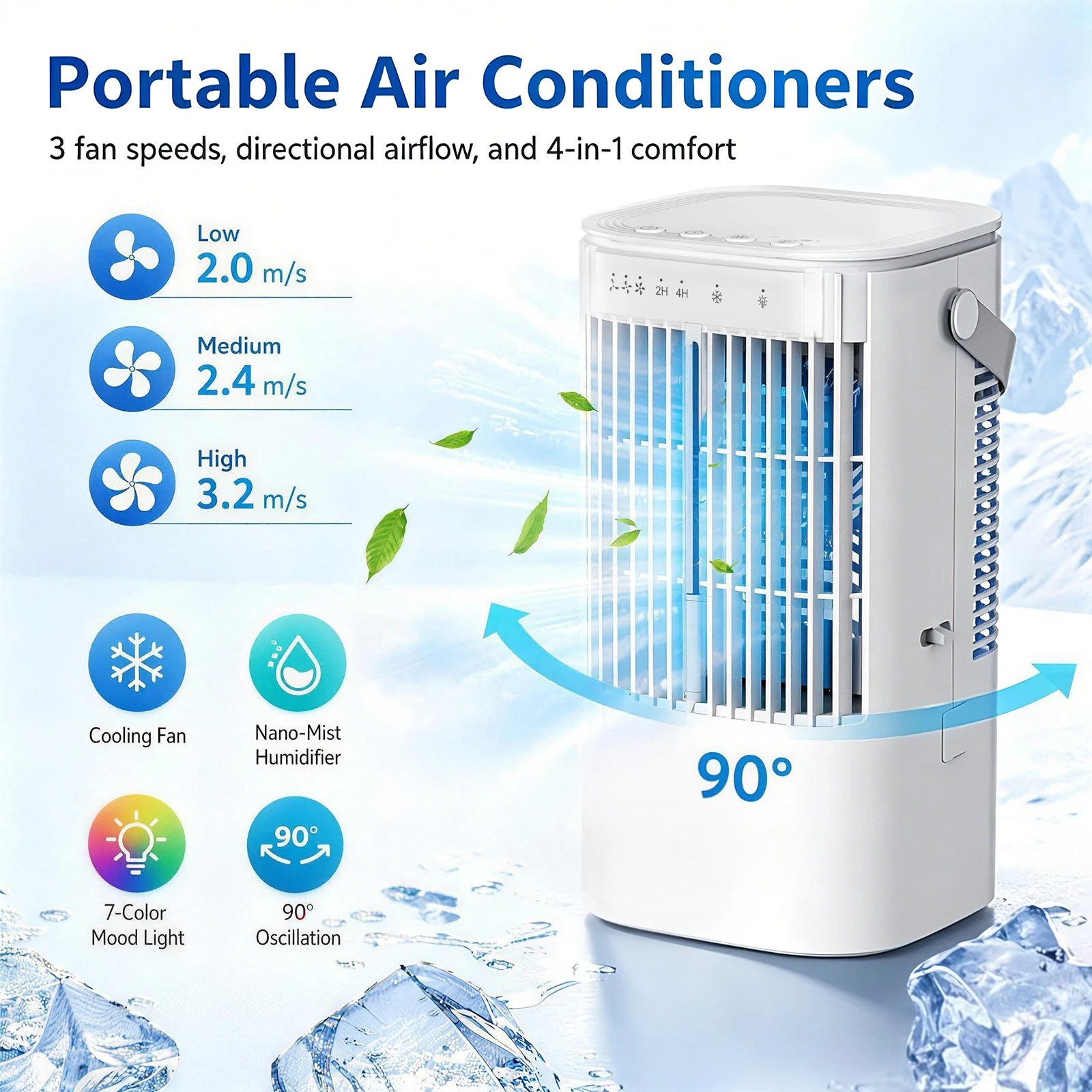 Ventilatore Portatile con Luce Notturna a Sette Colori, Capacità di 900ml, Interfaccia USB, Adatto per Soggiorno, Camera da Letto, Ecc.