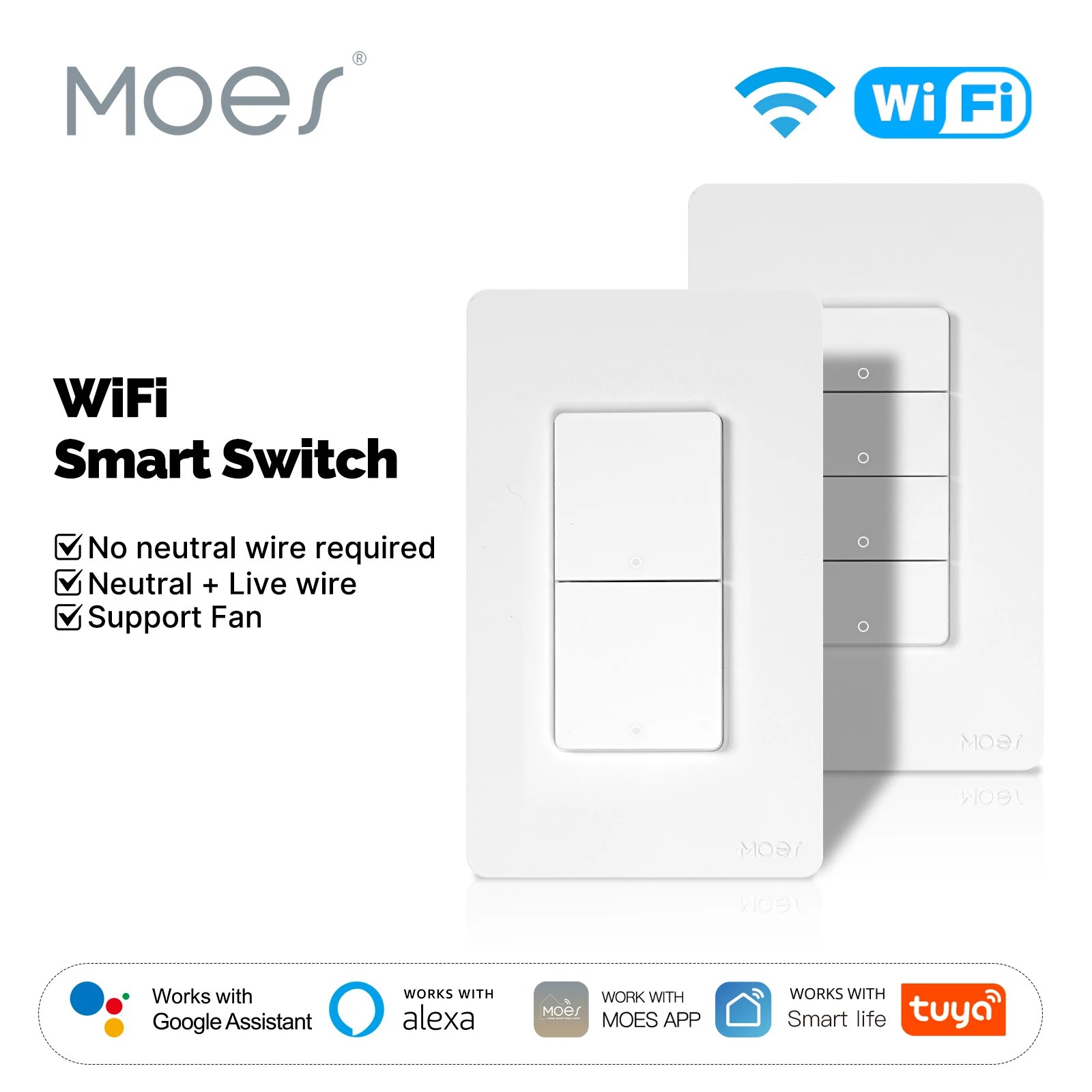 Interruttore da parete con pulsante intelligente Wi-Fi MOES Tuya (cavo singolo live/neutro americano), funziona con Alexa e Google Home, non richiesto cavo neutro