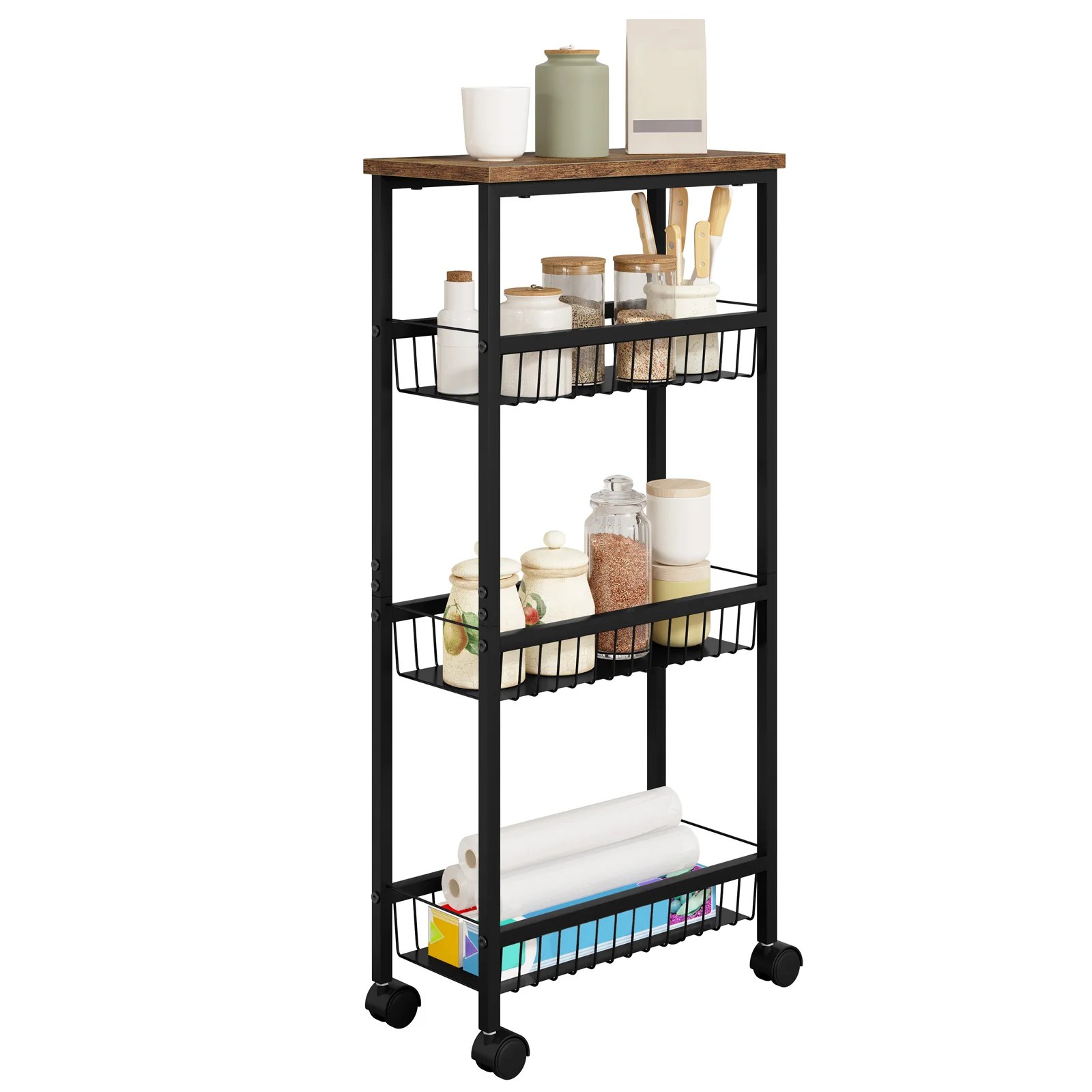 Carrello da Cucina WOLTU Nero 40x87x20cm con Piano di Lavoro, 3 Cestelli in Metallo e Freni per Soggiorno