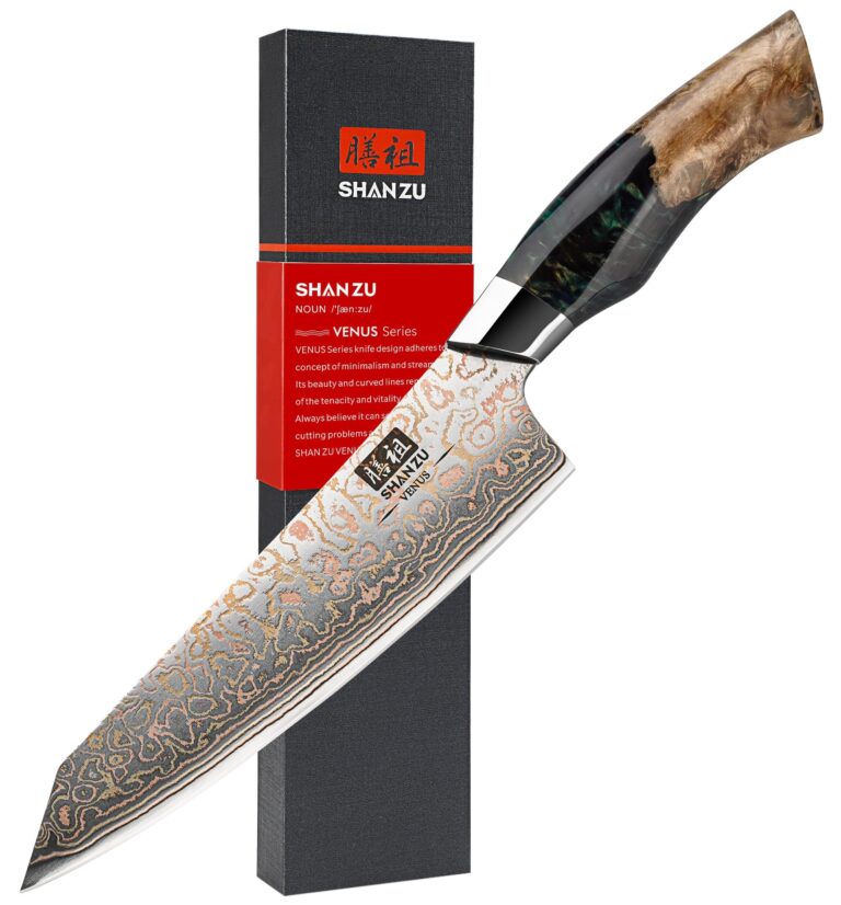 SHAN ZU Coltello da Chef Giapponese 20cm Acciaio Damasco e Rame | Coltello da Cuoco Professionale Forgiato a Mano 33 Strati Alto Carbonio 8 Pollici, Manico in Acero