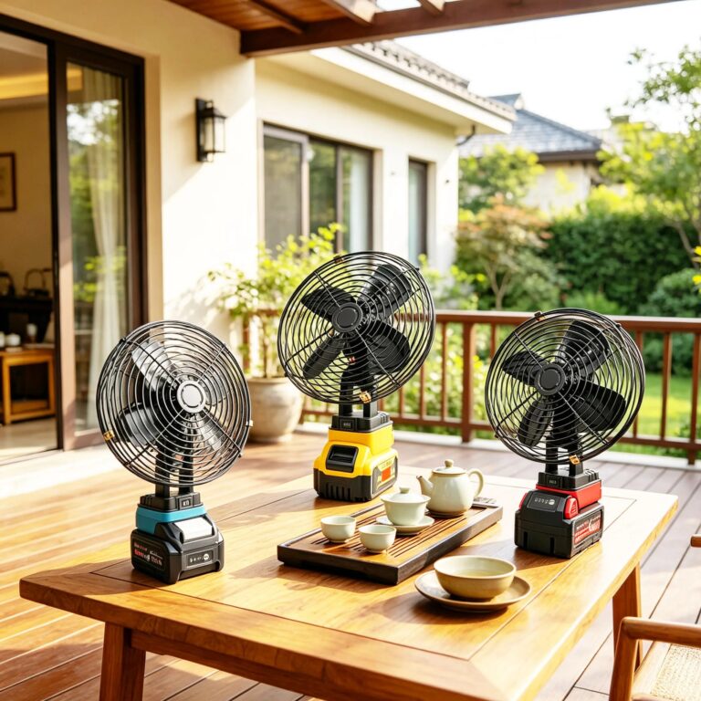 Ventilatore da Campeggio Portatile per Esterni, da Tavolo, in Metallo, con Vento Potente, Compatibile con Batterie agli Ioni di Litio 18V Makita, Dewalt, Milwaukee e M18