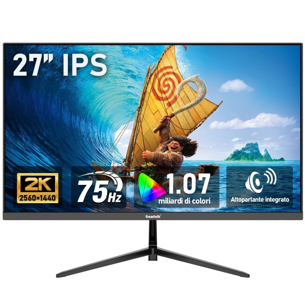 Gawfolk Monitor PC IPS 27" 2K QHD (2560×1440), schermo gaming 75Hz | 1ms, Adaptive Sync, 100% sRGB, 1,07 miliardi di colori, Altoparlante integrato,DisplayPort, HDMI, Nero