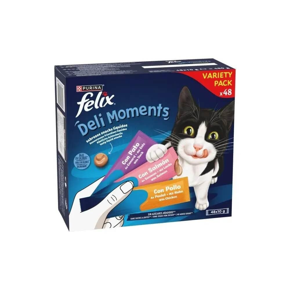 FELIX | Deli Moments™ | Dolci Gatti | Gusto irresistibile, Texture cremosa e Liquida per Gatti e Gattini | Pollo, Salmone e Anatra | Bustine, Porzione Singola | 48x10g