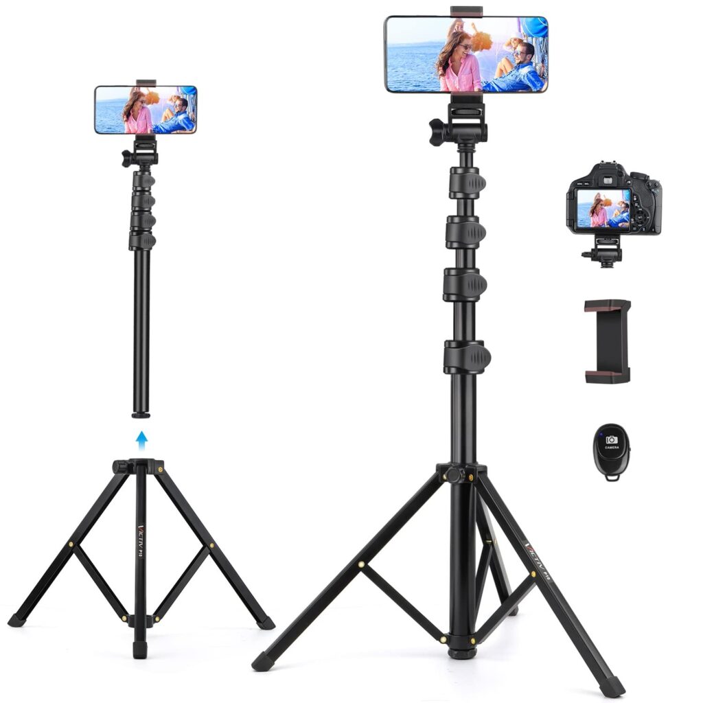 Victiv Treppiede Smartphone in Alluminio 172 cm, Cavalletto per Smartphone con Telecomando e Supporto per Telefono Cellulare, Selfie Stick Treppiede Compatibile con iPhone 17/16/1…