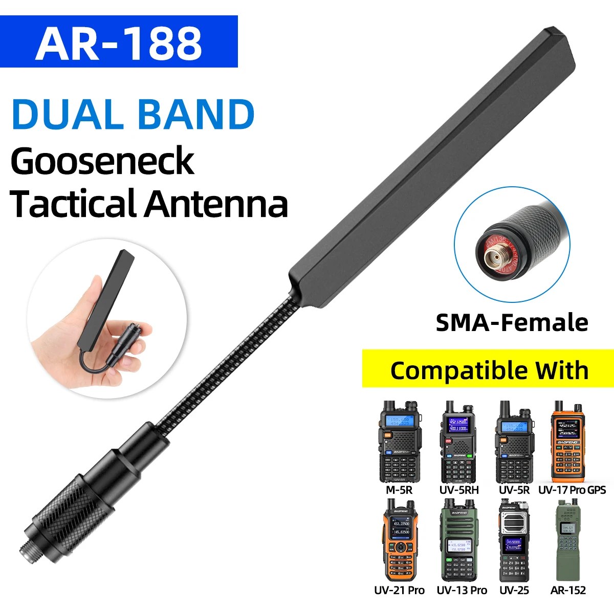 ABBREE AR-188 Antenna tattica a collo di cigno SMA-femmina VHF UHF per Baofeng UV-5R MINI UV-5RH 21 PRO QUANSHEGN UV-K5Walkie Talkie