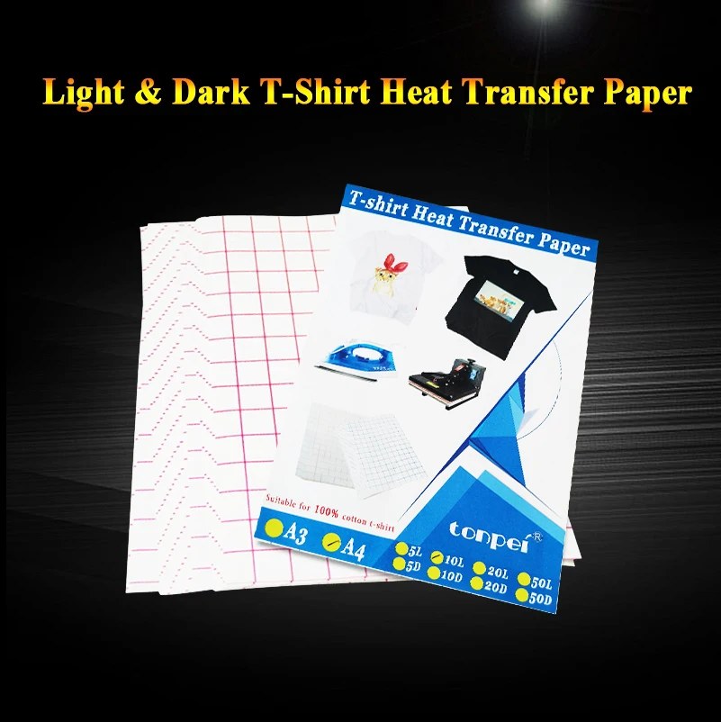 10 fogli di carta per trasferimento termico a getto d'inchiostro T-shirt in cotone A4 Carta per trasferimento nero scuro Carta bianca chiara per tessuto di cotone 100%