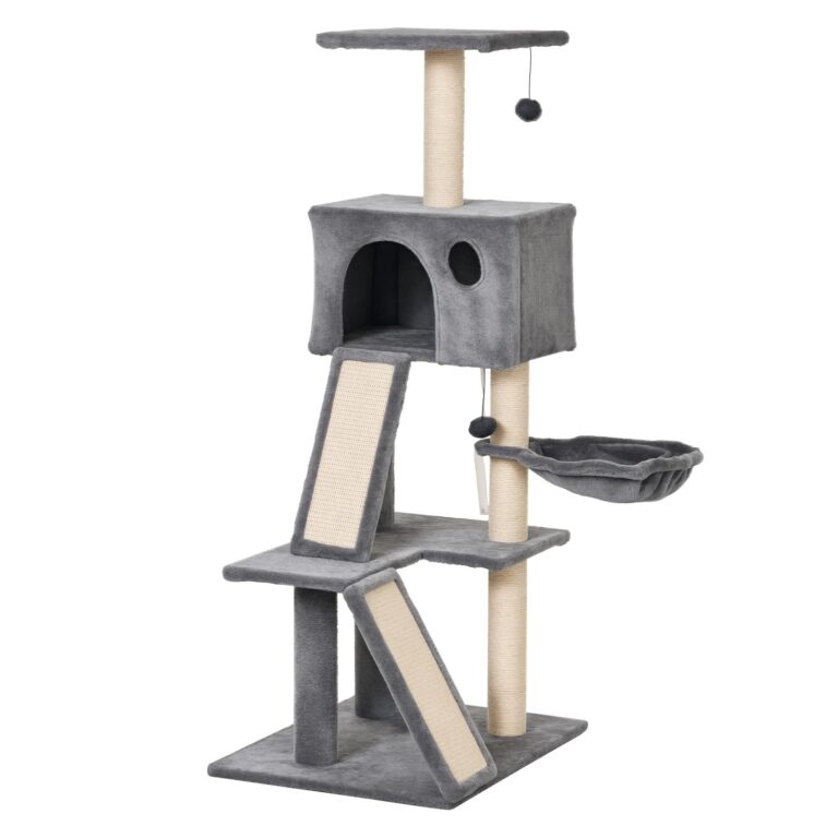 PawHut Albero Tiragraffi Accessoriato con Cuccia Lettino Sospeso e 2 Pedane in Peluche Grigio