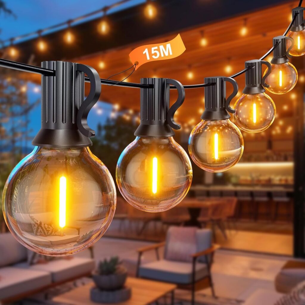 BokiHuk Luci da Esterno Giardino 15M, G40 Catena Luminosa con 25+1 Lampadine, Lmpermeabile Catena Lampadine Esterno per Terrazza Giardino Festa Matrimonio, Natale, Gazebo