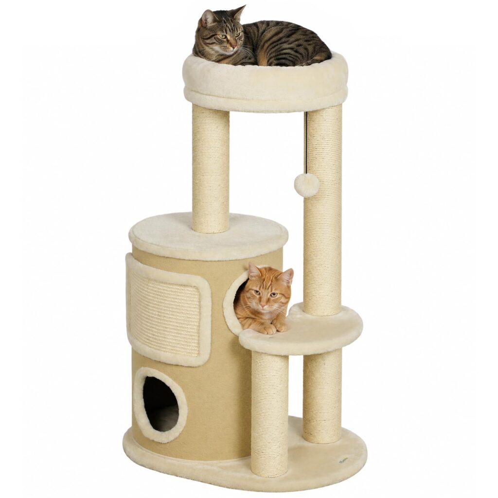 PawHut Tiragraffi per Gatti Multilivello 90cm con 2 Grotte e Cuccia, Beige | Albero per Gatti, 4 Pali Graffiatoi in Sisal, Pompon, Piattaforme, Tappetino, Rampa, Torre per Gattini…
