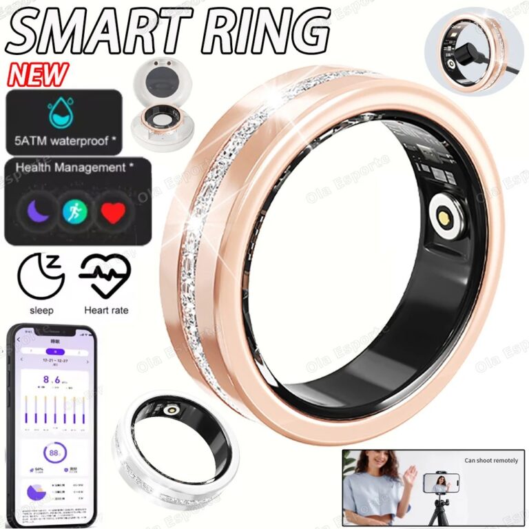 Anello Smart da Donna con Diamanti e Confezione, IP68 Impermeabile, Monitoraggio della Frequenza Cardiaca e della Salute, Contapassi Sportivo, Anello Fitness R12