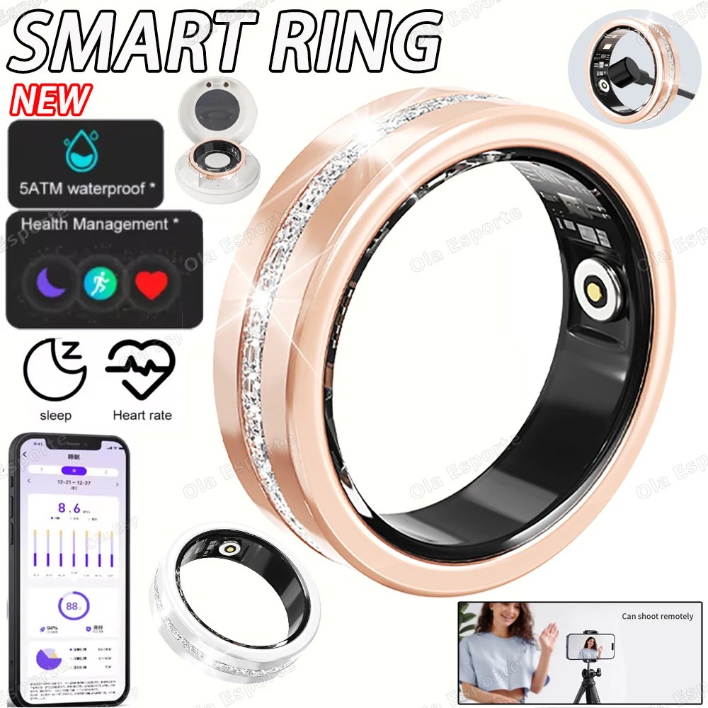 Anello Smart da Donna con Diamanti e Confezione, IP68 Impermeabile, Monitoraggio della Frequenza Cardiaca e della Salute, Contapassi Sportivo, Anello Fitness R12