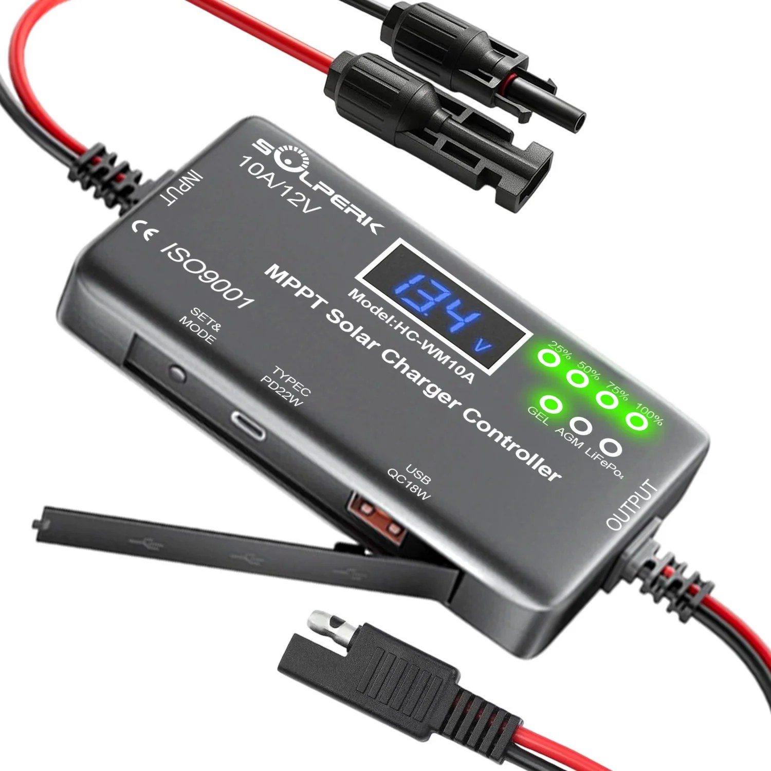 Regolatore di Carica Solare MPPT 10A 12V con Display LCD, Regolatore di Carica per Pannelli Solari con Uscita Type-C e USB