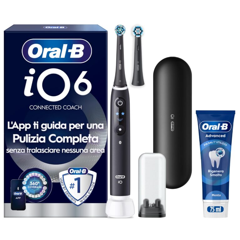 Oral-B iO 6 Spazzolino Elettrico, 2 Testine, Custodia, Dentifricio, Nero | 2 Testine di Ricambio per Spazzolino Elettrico, Ricaricabile, Custodia + 1 Dentifricio Advanced Rigenera…