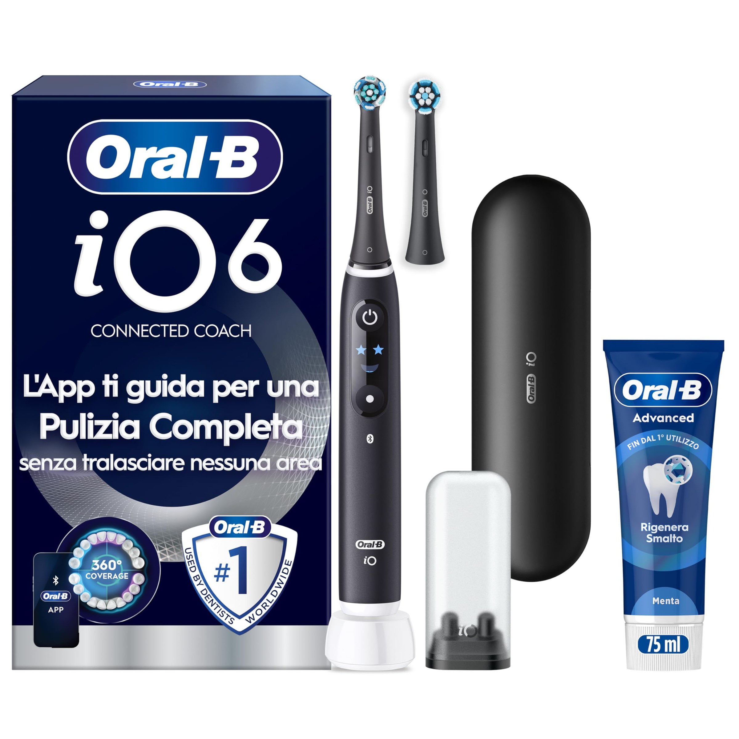 Oral-B iO 6 Spazzolino Elettrico, 2 Testine, Custodia, Dentifricio, Nero | 2 Testine di Ricambio per Spazzolino Elettrico, Ricaricabile, Custodia + 1 Dentifricio Advanced Rigenera…