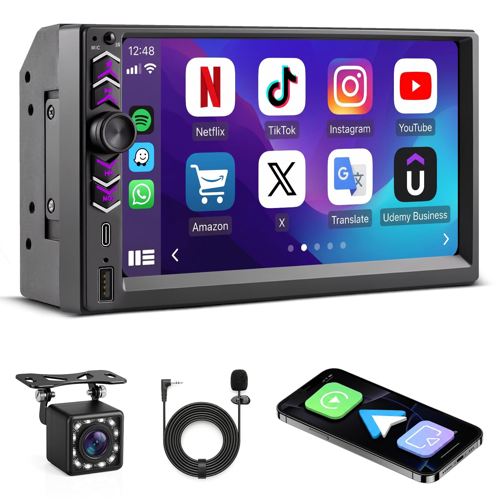 Autoradio 2 DIN Carplay Wireless e Android Auto, Stereo Auto 7 Pollici HD Touch Screen con Bluetooth, Vivavoce, Mirror Link, Telecamera Posteriore, FM Radio, EQ, Type-C, USB, Micr…