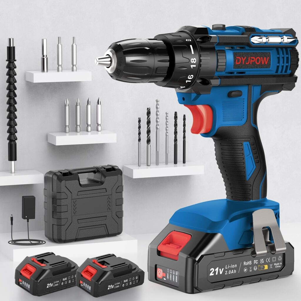 DYJPOW Trapano Avvitatore a Batteria 21 V, 2 Batterie da 2,0 Ah, 42N.m | Kit con 14 accessori e valigetta, 18+1 livelli di coppia, 2 velocità e LED per avvitare e forare legno e m…