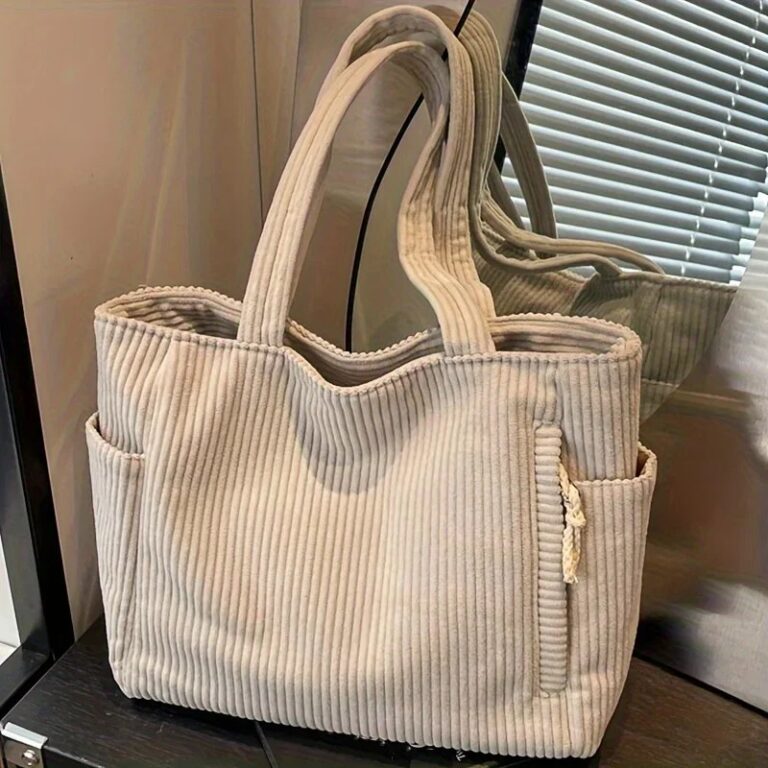 Borsa a Mano in Corduroy Leggera e Capiente con Chiusura a Cerniera, Colore Unito, Borsa a Tracolla Casual per il Trasporto Quotidiano
