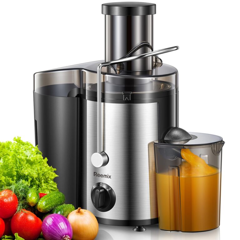 Elettrica Centrifuga Frutta e Verdura, Reemix Estrattore Frutta e Verdura Facile da Pulire, 65 MM Bocca Larga, Acciaio Inox, 2 Velocità, Spazzola & Ricetta (Black, 800W)