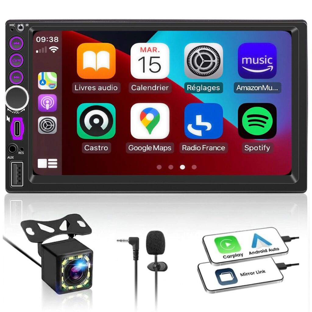 Autoradio 2 DIN con CarPlay Wireless e Android Auto - Schermo Touchscreen 7" HD, Radio Auto Bluetooth con Telecamera Posteriore, Mirror Link, Type-C, USB, FM, EQ, Comandi al Volan…