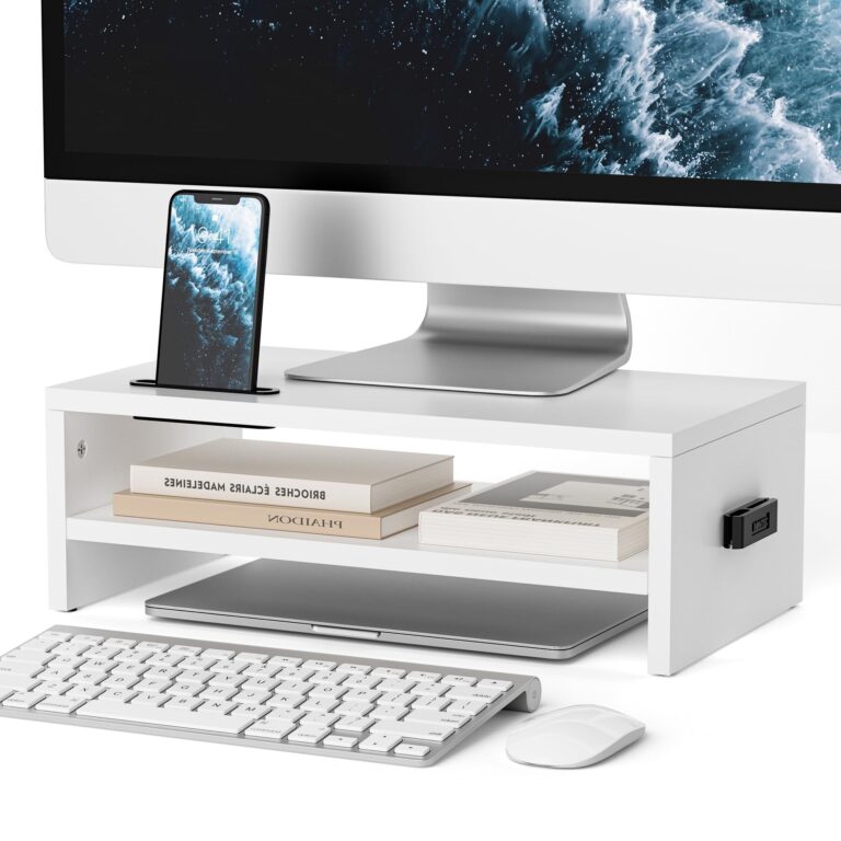 BONTEC Supporto per Monitor in Legno da Scrivania per Smartphone e Gestione dei Cavi, Ergonomico, per Laptop, Computer, 2 Livelli,bianco