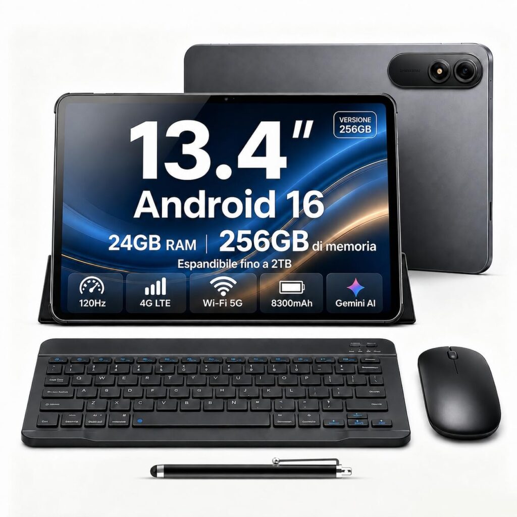 Ausriray Tablet 13.4 Pollici con Tastiera Penna, 120Hz Display Tablet Android 16, 24GB RAM+256GB ROM(2TB) Tablet PC, Doppio SIM 4G LTE+5G WiFi, 8300mAh, Octa-Core, Widevine L1 108…