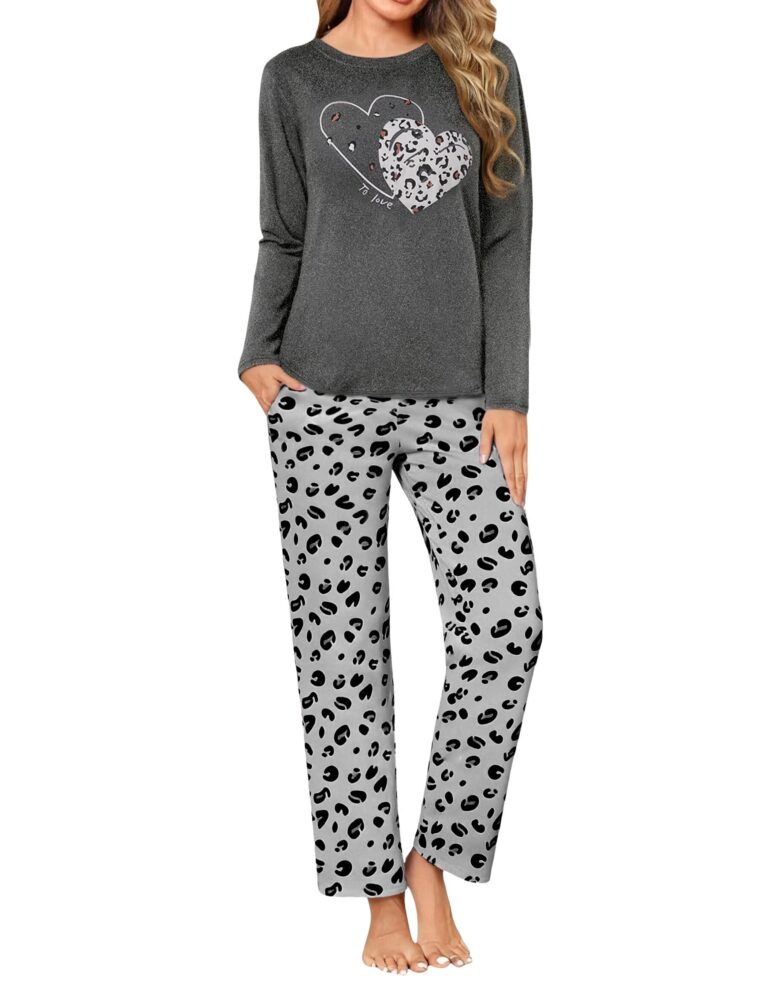 Uniexcosm Pigiama Donna Lungo, Donna Pigiama Due Pezzi Maniche Lunghe+Pantaloni con Tasca e Coulisse Regolabile Set Pigiama Donna Cotone Sleepwear Nightwear per Autunno Inverno