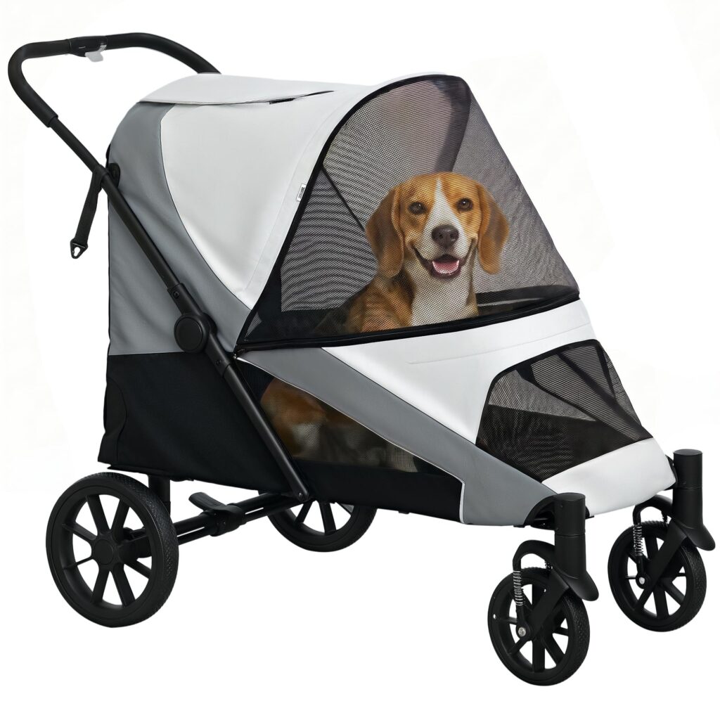 PawHut Passeggino per Cani Taglia Media Pieghevole con Cuscino, Grigio | Passeggino per Animali, Ruote Rimovibili, Guinzagli di Sicurezza, Borsa Portaoggetti, in Tessuto Oxford e…