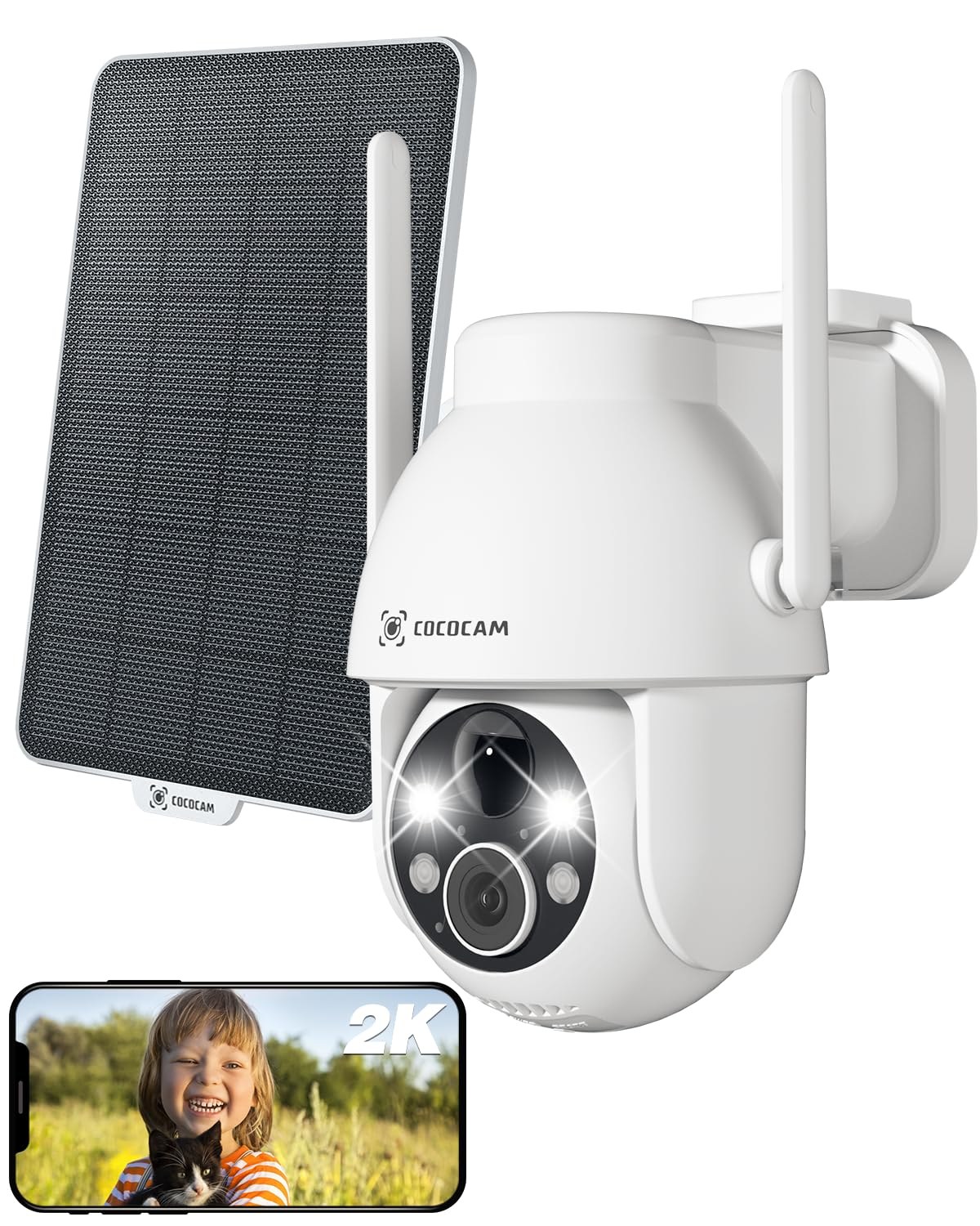 COCOCAM 2K Telecamera Wi-Fi Esterno Solare | PTZ Senza Fili con AI Rilevamento Umano, Visione Notturna a Colori, Audio Bidirezionale, Supporto Alexa, 2,4GHz, Cloud