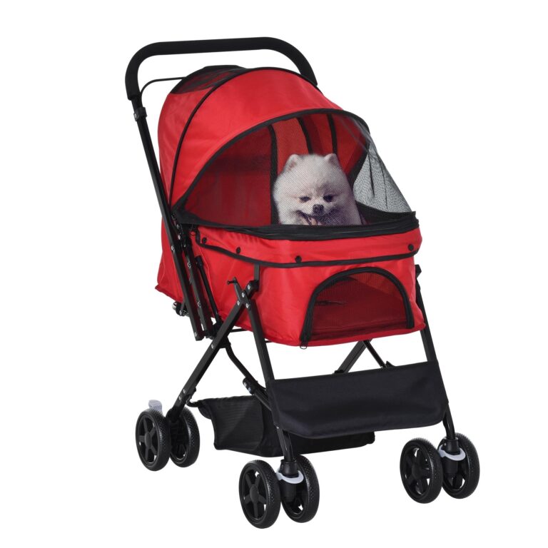 PawHut Passeggino per Cani Piccoli Pieghevole 76.5x52x95cm Rosso | Maniglione Girevole, Ruote con Freni in EVA, Passeggino Cane, Cestino Portaoggetti