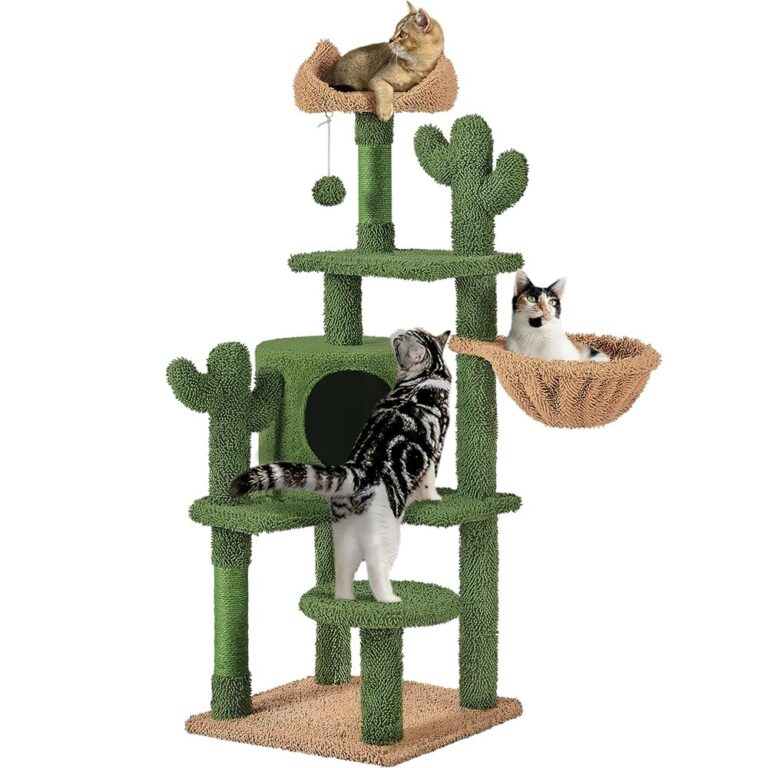 Yaheetech Tiragraffi Cactus per Gatti Altezza 135 cm Albero con Trespolo Piattaforma Cesto Casetta Scalaetta Pompon Gioco Giocattolo Verde e Marrone